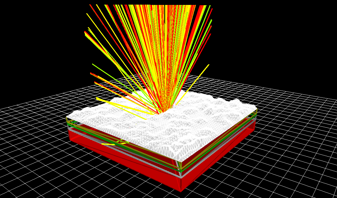 a) The new simulation window; b) An example of an OLED ray trace simulation though a rough surface.