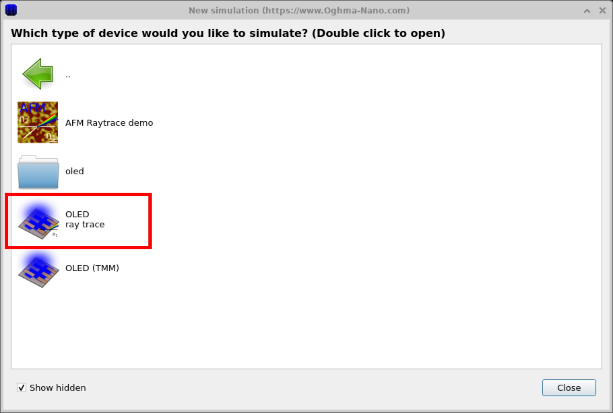 New simulation window showing the option to create an OLED (Ray Trace) project.