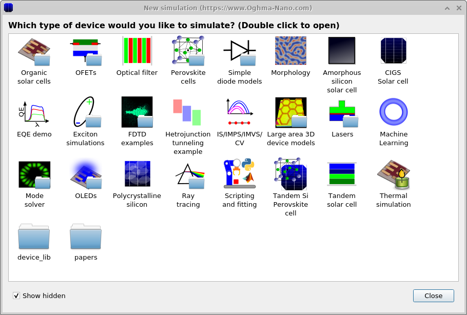 a) The new simulation window; b) OLED example simulations.
