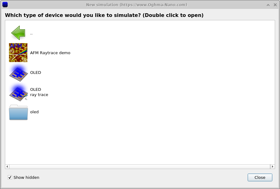 a) The new simulation window; b) OLED example simulations.
