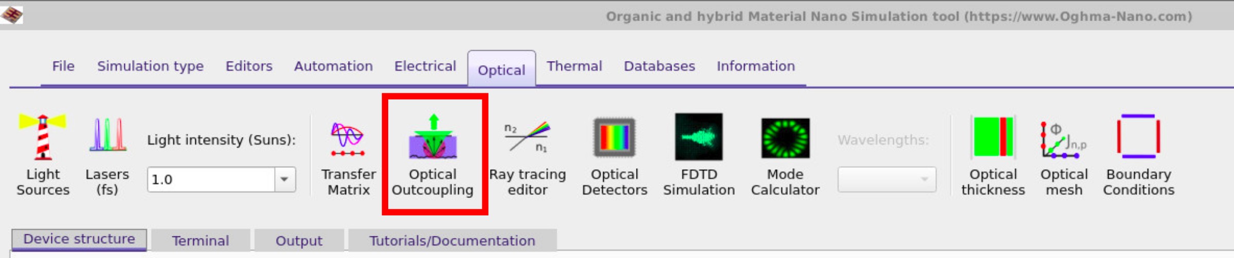 OghmaNano Optical ribbon showing tools for light-source setup, transfer matrix calculations, optical outcoupling, ray-tracing editor, FDTD simulation, mode calculator, optical thickness, optical mesh, and boundary conditions.