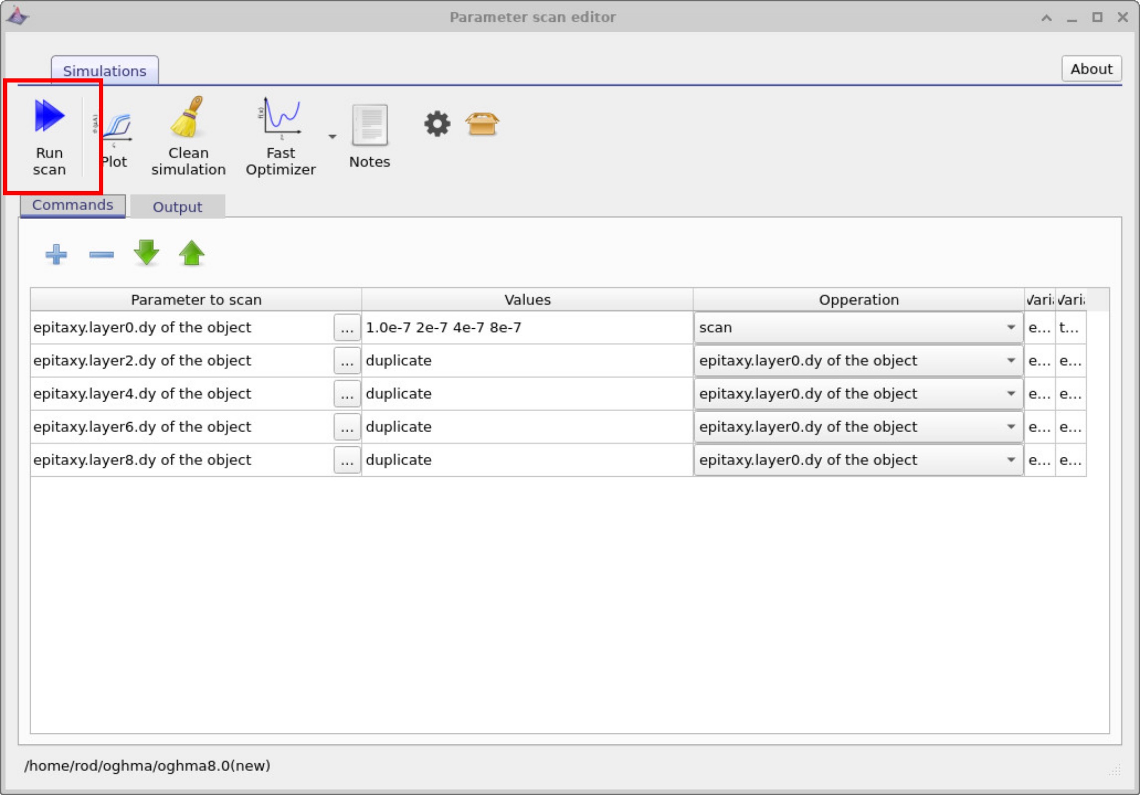 Parameter scan setup window showing layer thickness values to scan.