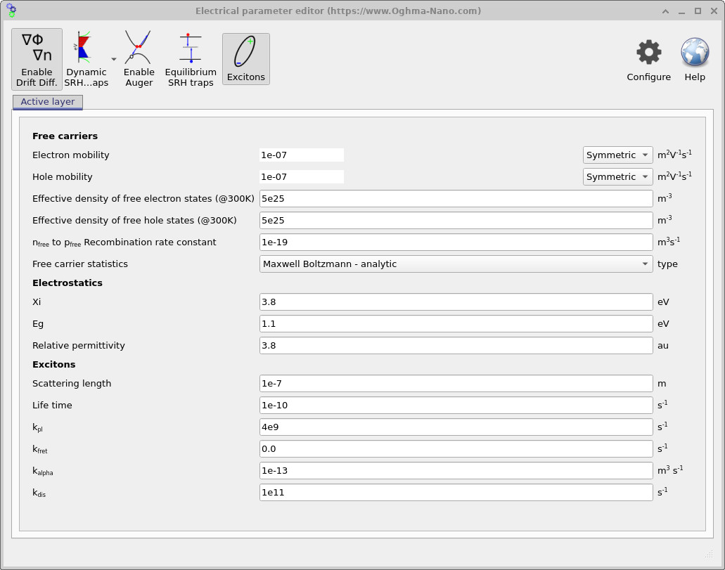 Electrical parameter editor in OghmaNano showing exciton-related parameters such as scattering length, lifetime, and rate constants.