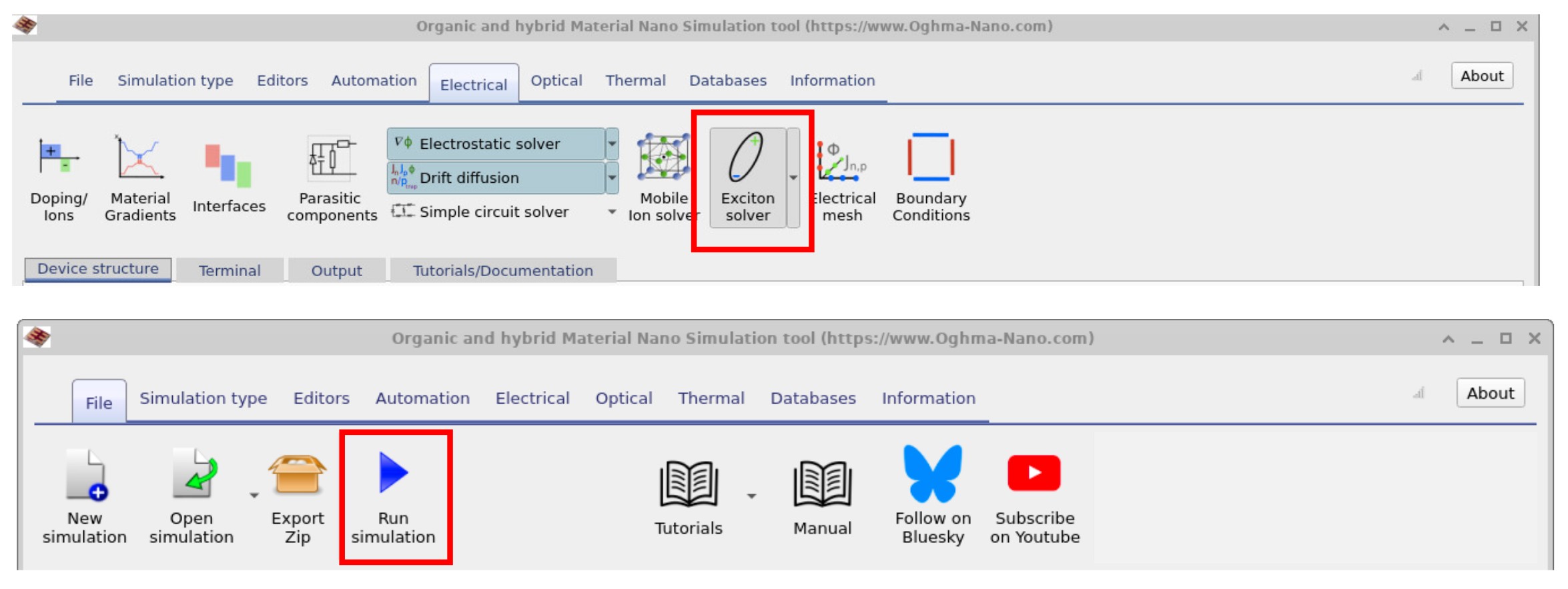 OghmaNano electrical ribbon with the Exciton solver button highlighted.