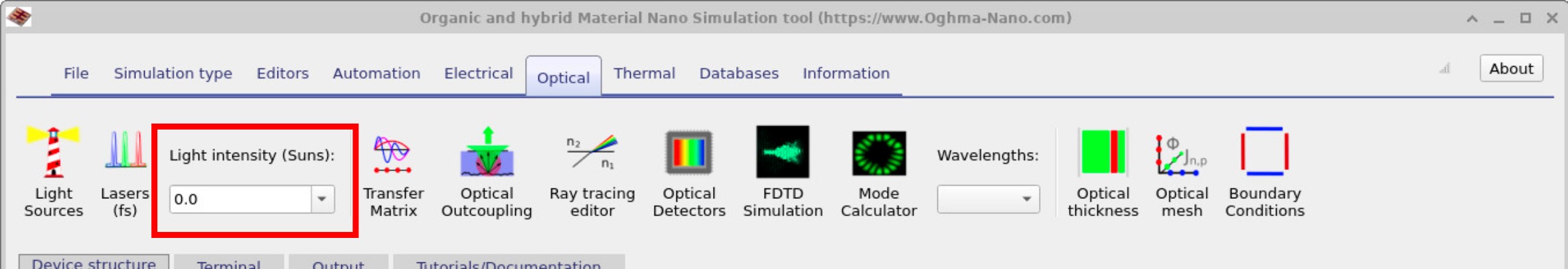 Optical tab with Light intensity (Suns) control set to 0.0. All light sources are off for SCLC.