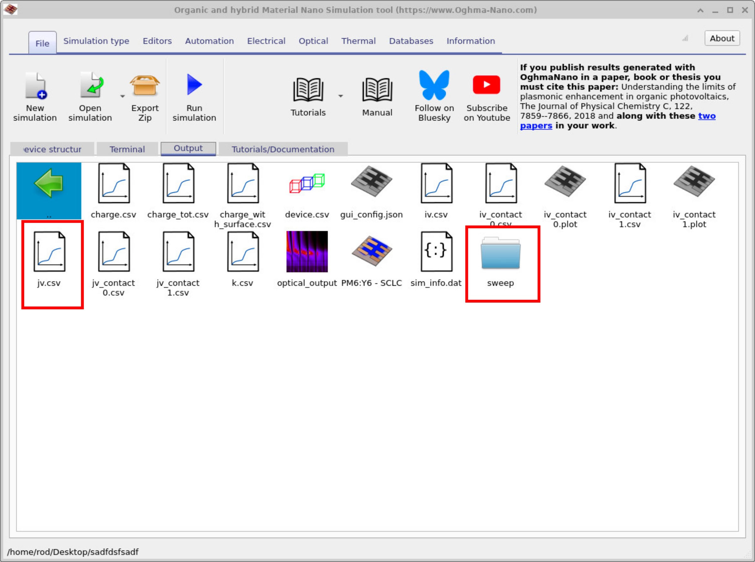 Output tab showing generated files including jv.csv, k.csv and a sweep directory after running the simulation.