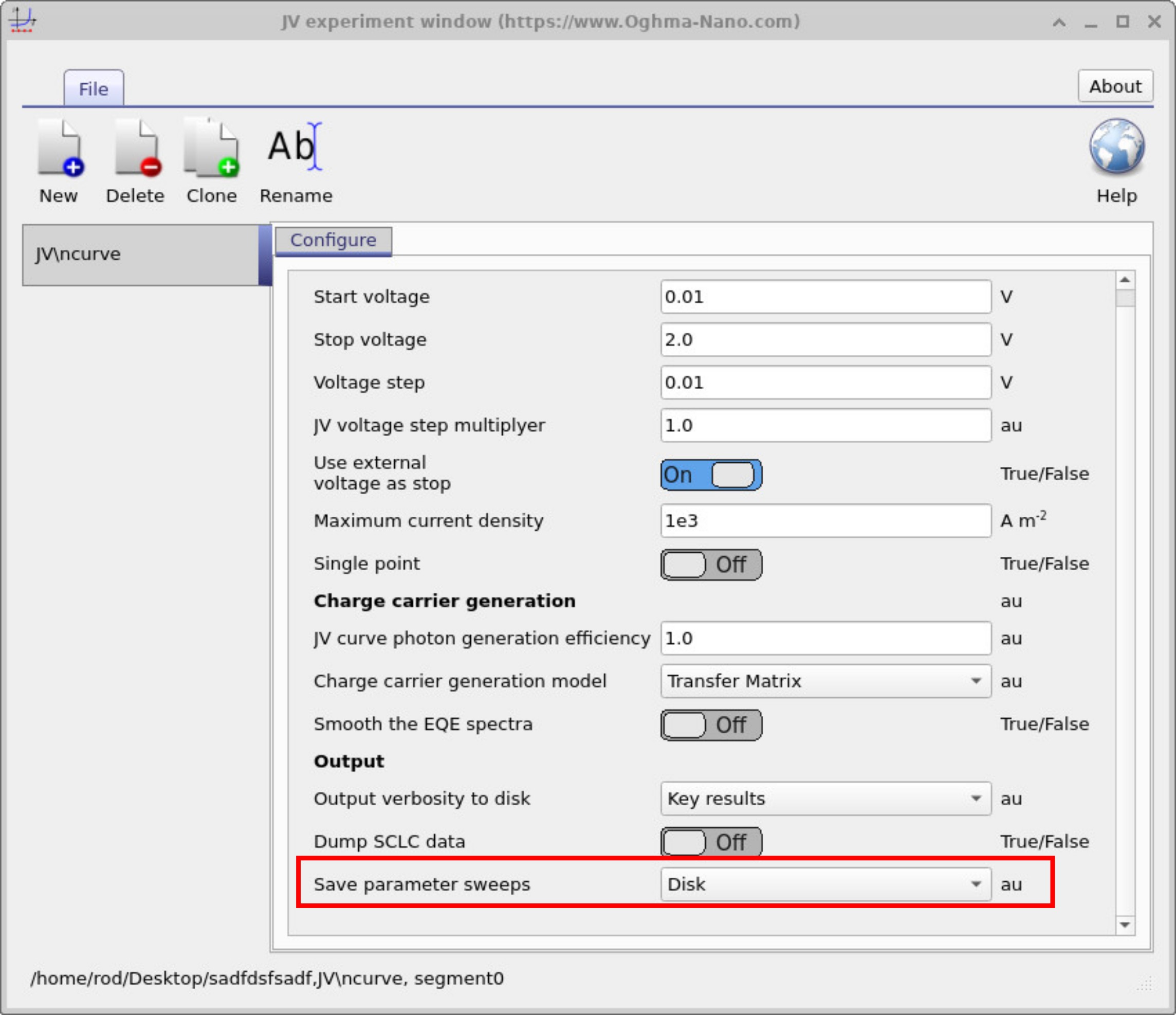 JV experiment editor window with the 'Save parameter sweeps' option set to Disk at the bottom of the configuration.