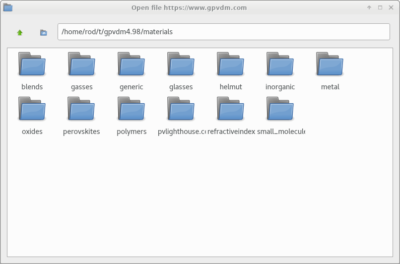 Materials database browser with categories such as polymers.