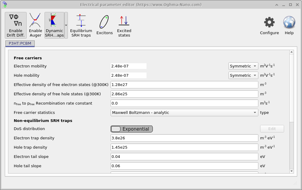 Electrical parameter editor window showing mobilities, densities of states, trap parameters, and mechanism toggles.