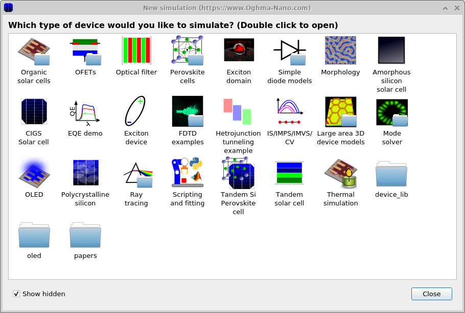 OghmaNano new simulation window listing device categories such as organic solar cells, OLEDs, OFETs, perovskites, ray tracing, and FDTD examples