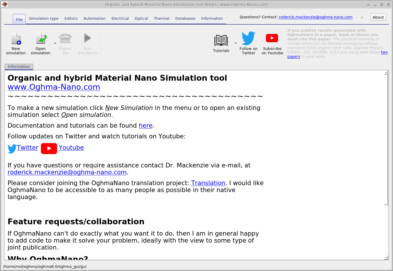 OghmaNano start window with options to create a new simulation, open a project, or access recent files