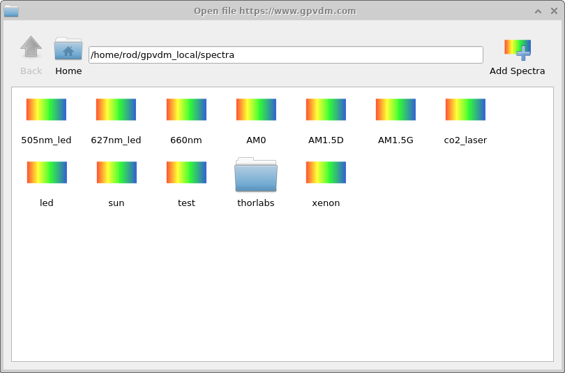 Optical database viewer showing entries such as AM1.5G, AM0, and LED sources.