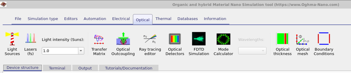 Optical tab in OghmaNano showing tools such as transfer matrix, ray tracing, FDTD and optical detectors.