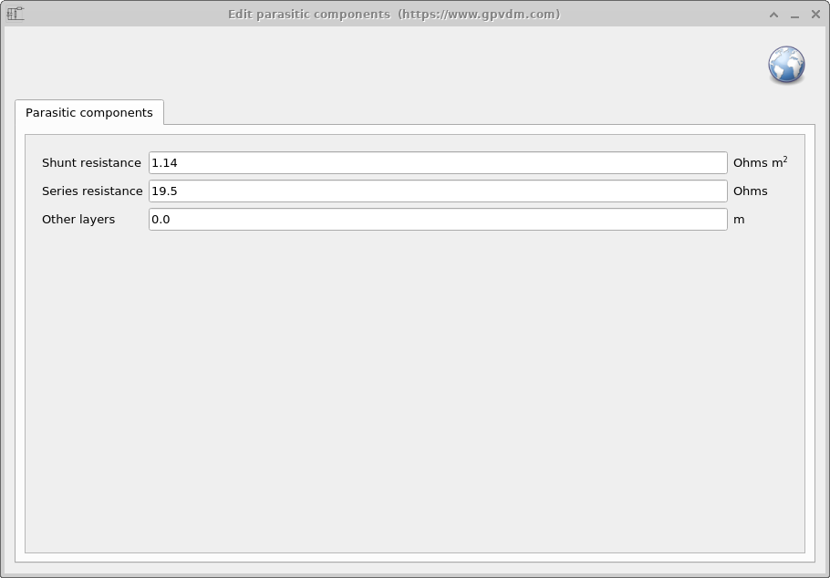 Parasitic components editor with fields for shunt resistance (Ω·m²), series resistance (Ω), and an 'Other layers' thickness term for capacitance fitting.