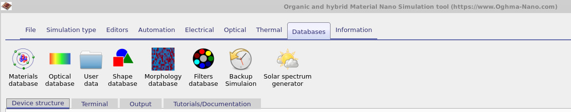 Databases ribbon in OghmaNano with icons for materials, optical data, shapes, morphology, filters, backups, and solar spectra.