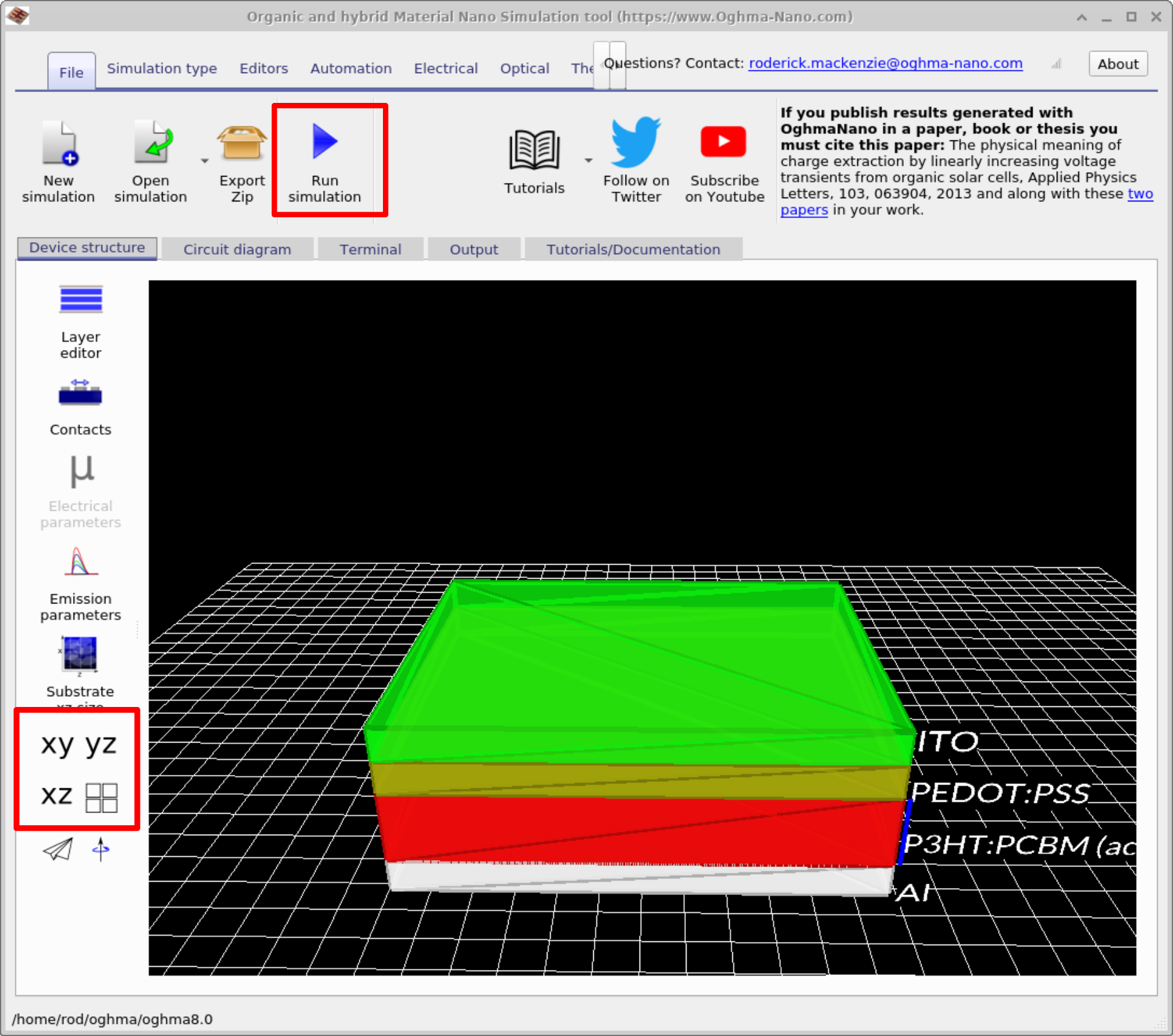 Main OghmaNano interface showing the Run Simulation button and a 3D cross-section of a solar cell stack with layers labelled ITO, PEDOT:PSS, P3HT:PCBM, and Al.
