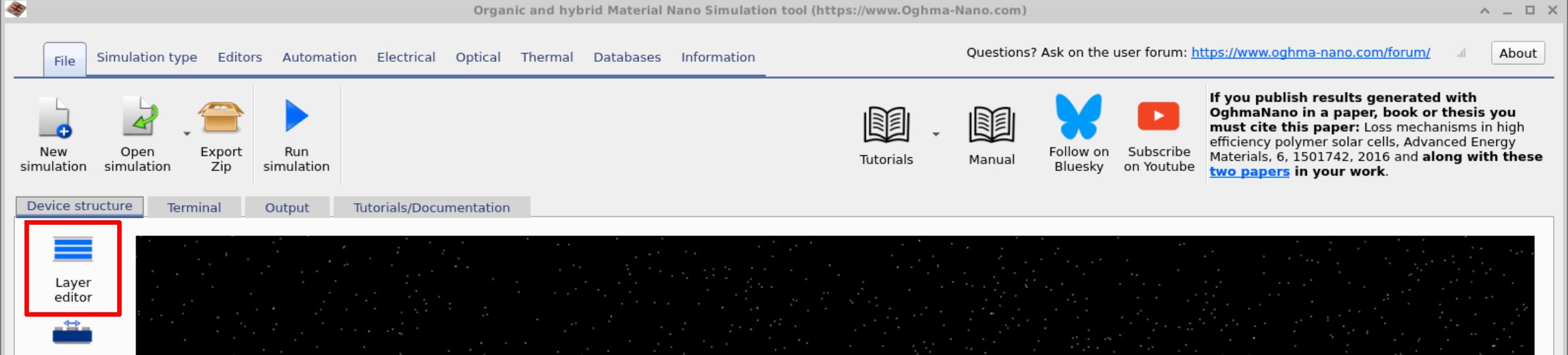 OghmaNano main interface with the Layer editor button highlighted in the Device structure tab.