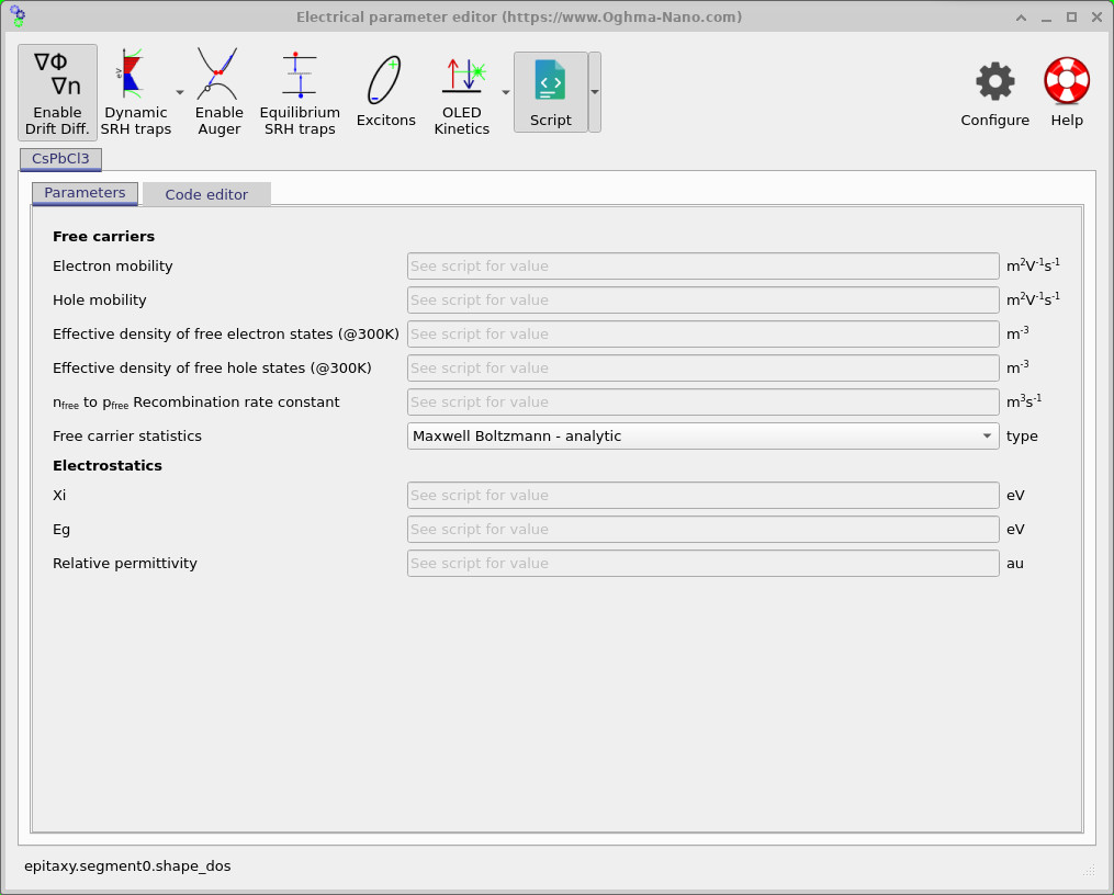 Electrical parameter editor with all fields greyed out reading See script for value