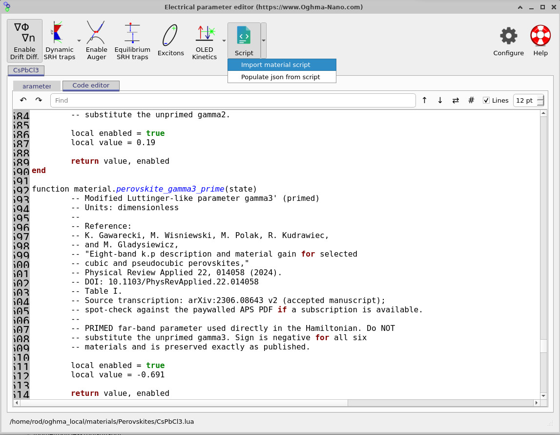 Script button drop-down menu in the electrical parameter editor showing Import material script