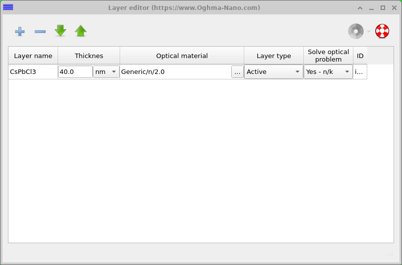 Layer editor showing a single 40 nm CsPbCl3 layer with a generic optical material