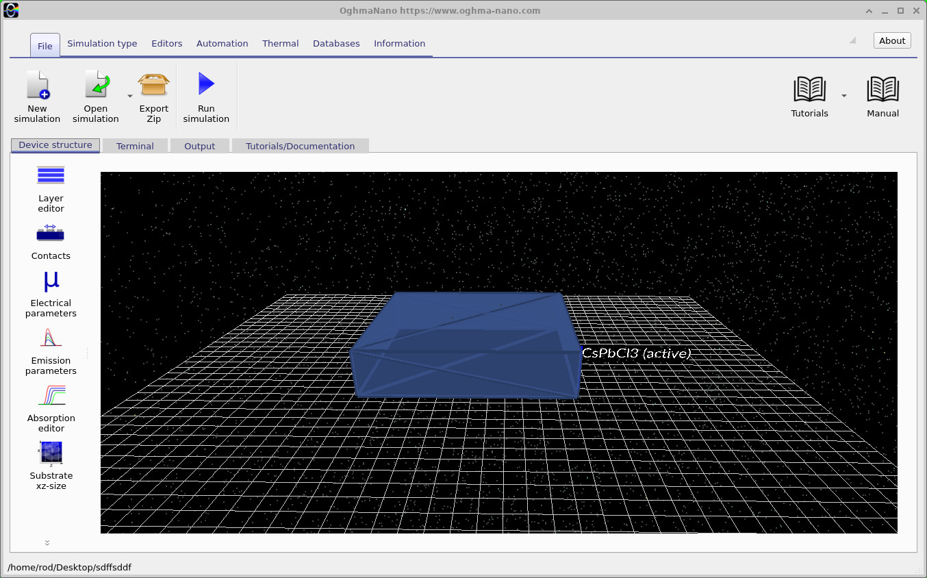 Main OghmaNano simulation window showing a single CsPbCl3 bulk material layer