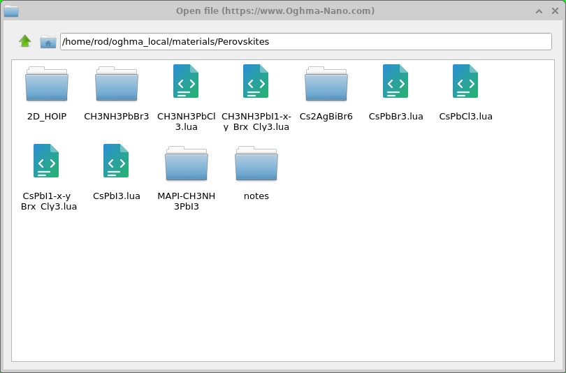 Perovskites folder of the OghmaNano materials library listing Lua material scripts