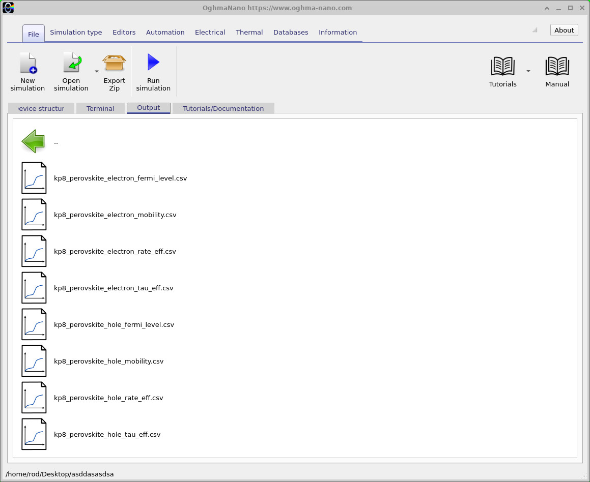 OghmaNano mobility output directory containing electron and hole mobility, scattering and Fermi level results