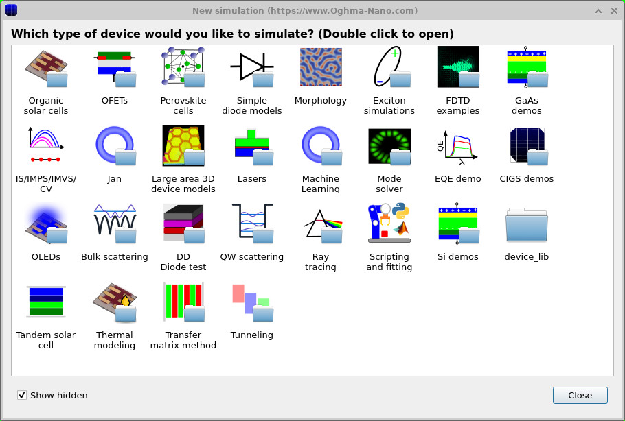 OghmaNano new simulation dialog showing available device categories including Bulk scattering