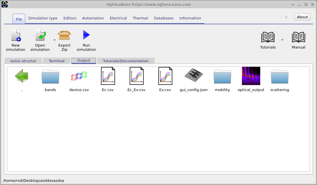 Output tab showing bands, mobility, optical_output and scattering directories and Ec.csv, Ec_Ev.csv, Ev.csv files