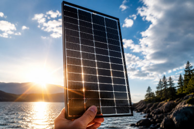 Conceptual illustration of a bifacial perovskite solar cell showing light entering from both the top and bottom surfaces of the device stack