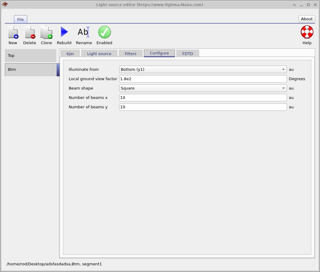 OghmaNano light source editor Configure tab for the Btm (bottom) light source, showing Illuminate from set to Bottom (y1), with beam shape Square and 10×10 beams