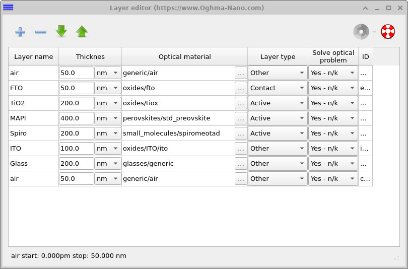 OghmaNano Layer editor showing the bifacial perovskite stack: air (50 nm), FTO (50 nm), TiO2 (200 nm), MAPI (400 nm), Spiro (200 nm), ITO (100 nm), Glass (200 nm), air (50 nm) with optical material assignments and layer types