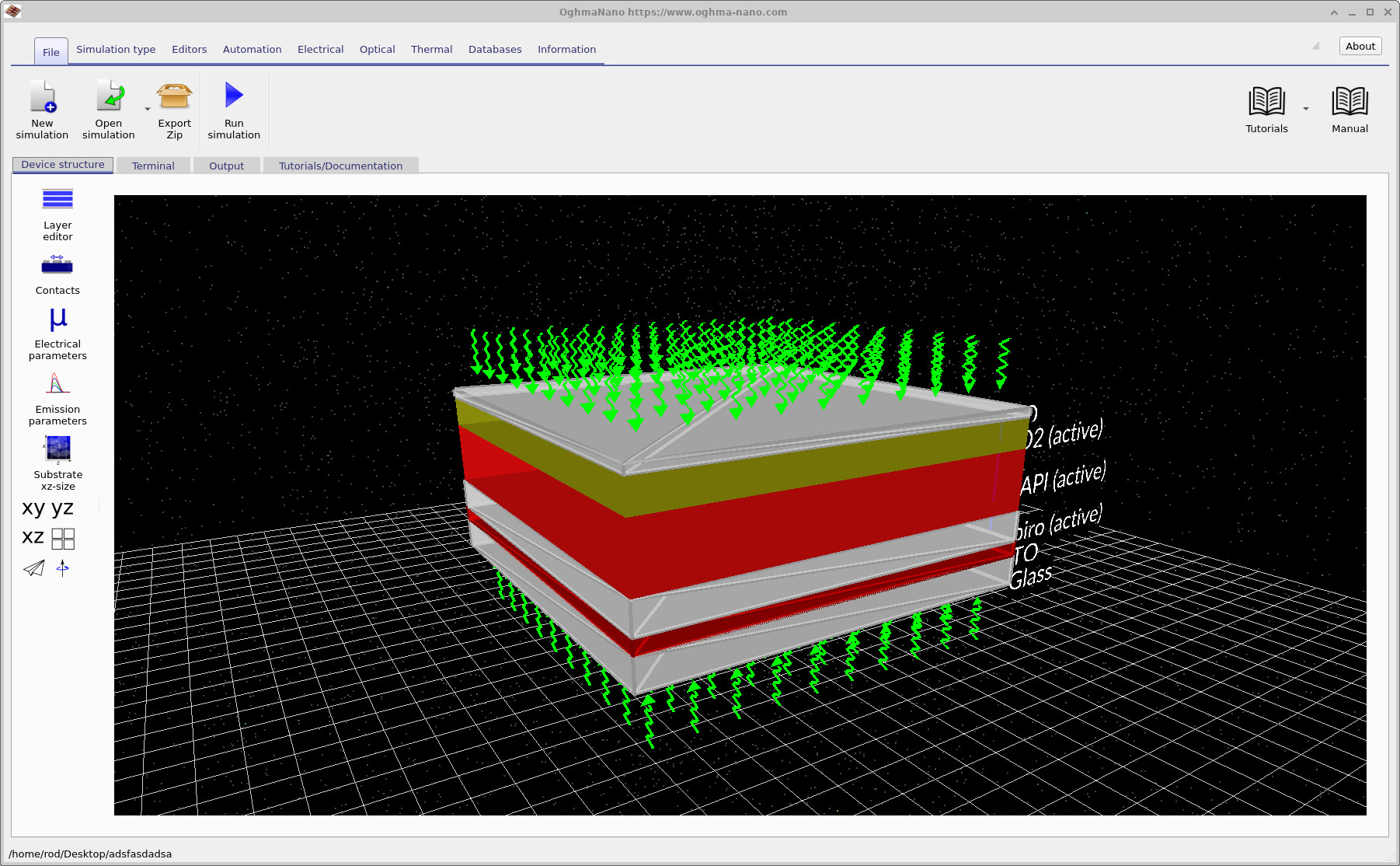 OghmaNano main simulation window showing the 3D device structure of a bifacial perovskite solar cell with green arrows indicating light entering from both the top and bottom surfaces. Layer labels show TiO2, MAPI, Spiro, ITO, and Glass.