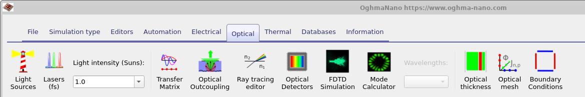 OghmaNano Optical ribbon showing buttons for Light Sources, Lasers, Transfer Matrix, Optical Outcoupling, Ray tracing editor, Optical Detectors, FDTD Simulation, Mode Calculator, Optical thickness, Optical mesh, and Boundary Conditions