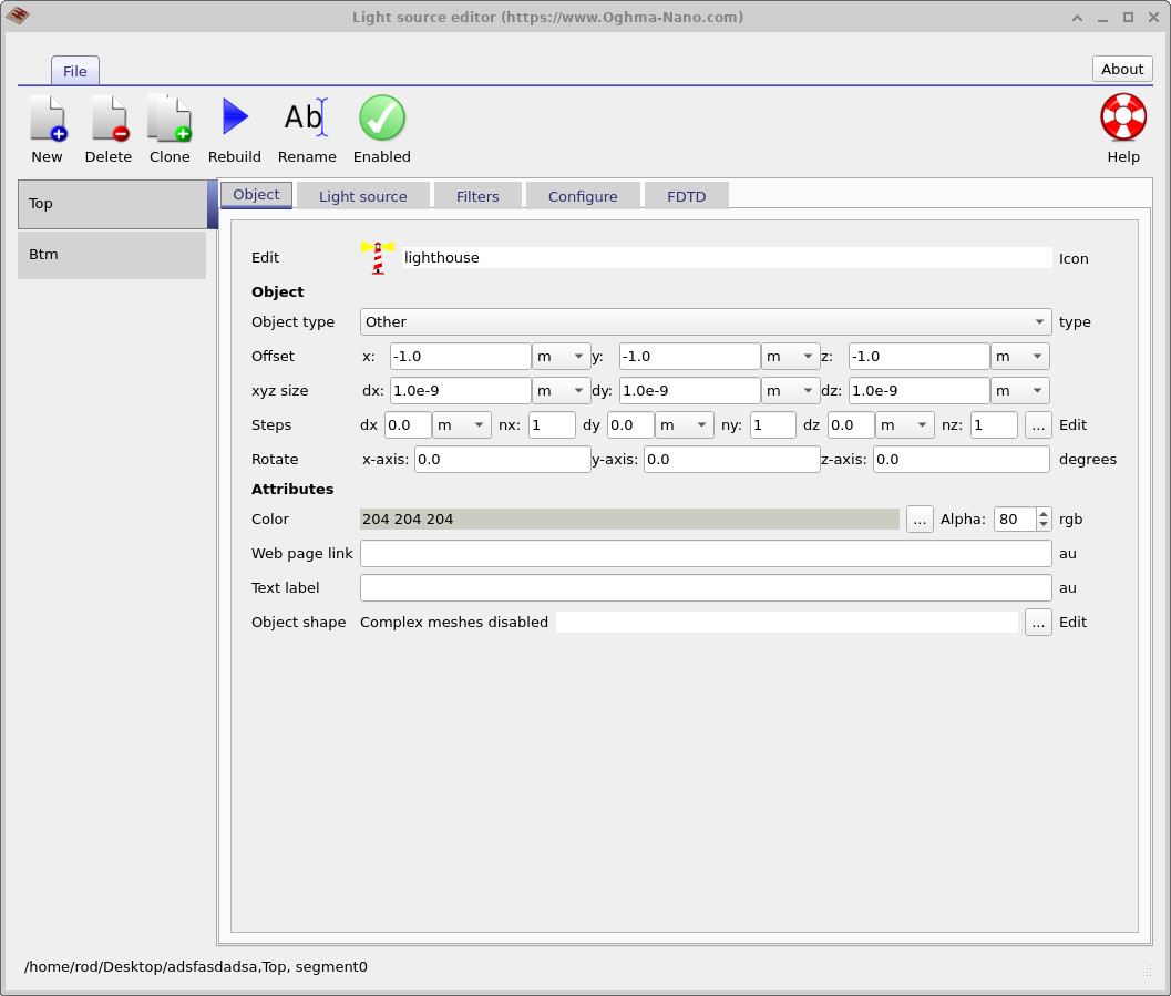 OghmaNano light source editor Object tab showing the general object properties of the Top light source, including object type, offset, xyz size, steps, rotate, and colour fields