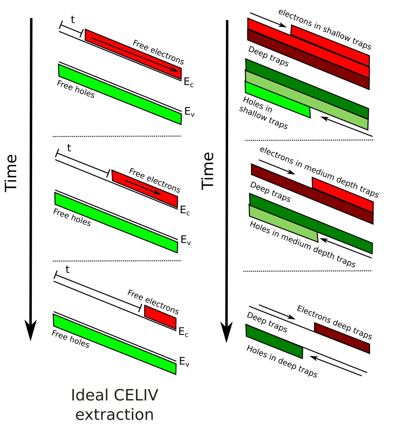 Comparison of ideal CELIV extraction versus trap-limited extraction. Left: free electrons and holes are extracted directly, giving a sharp transient. Right: carriers occupy shallow, medium, and deep traps, leading to delayed and broadened extraction signals.