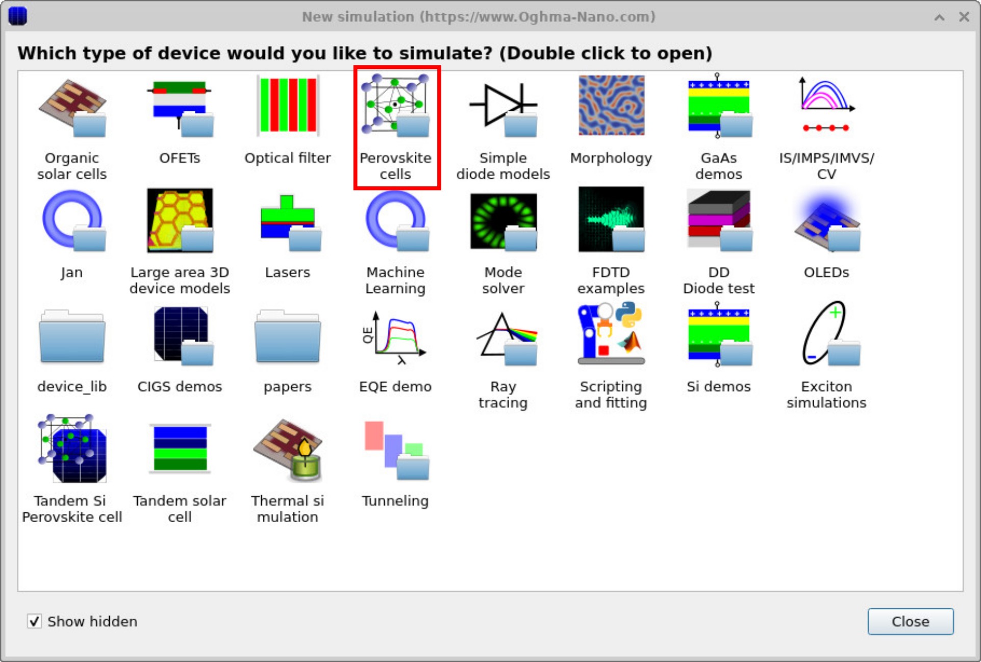 OghmaNano new simulation window showing device categories including perovskite cells, OLEDs, OFETs, GaAs demos, ray tracing, and FDTD examples