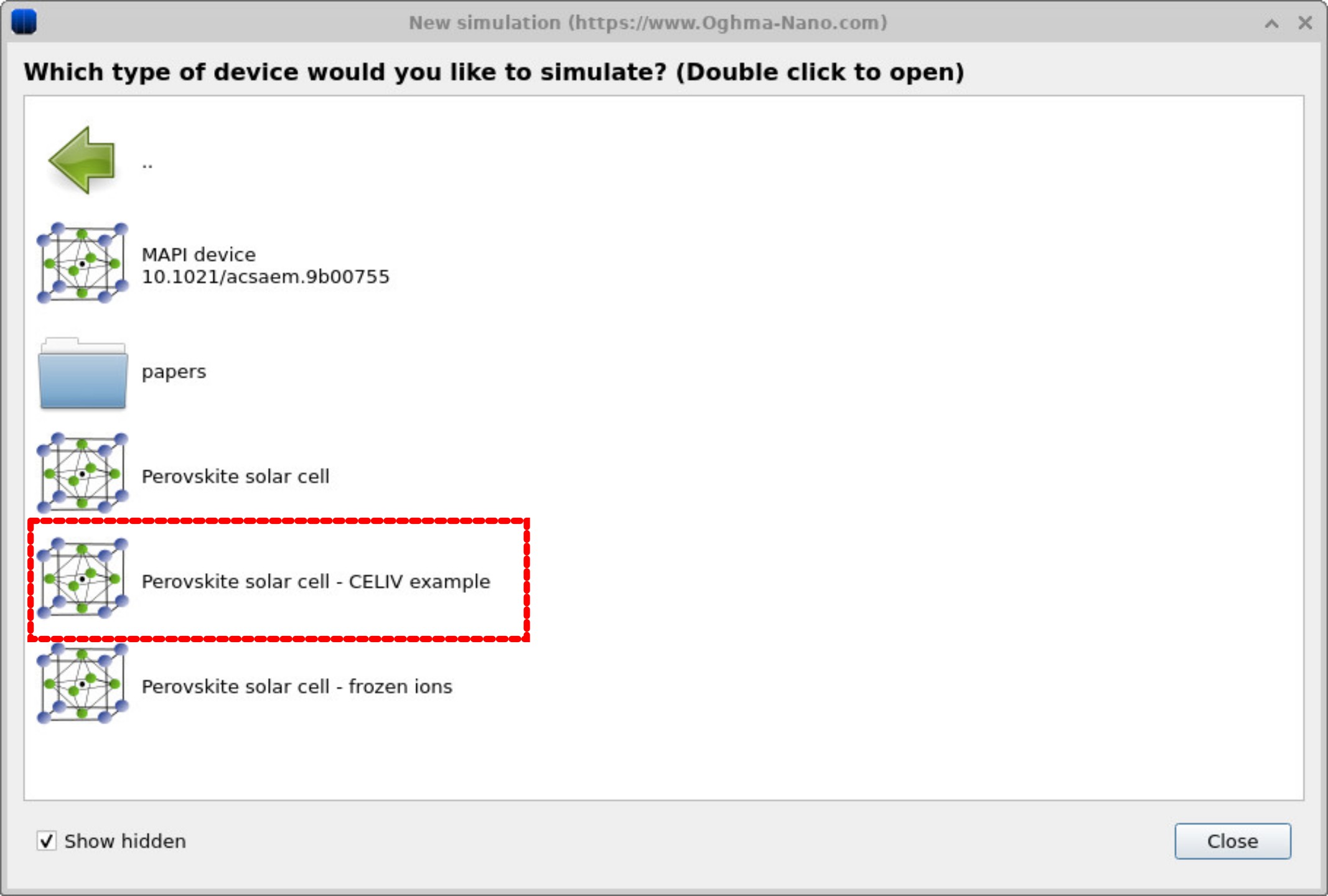 OghmaNano perovskite solar cell examples list showing preconfigured MAPbI₃ device, Perovskite solar cell, and a CELIV example template