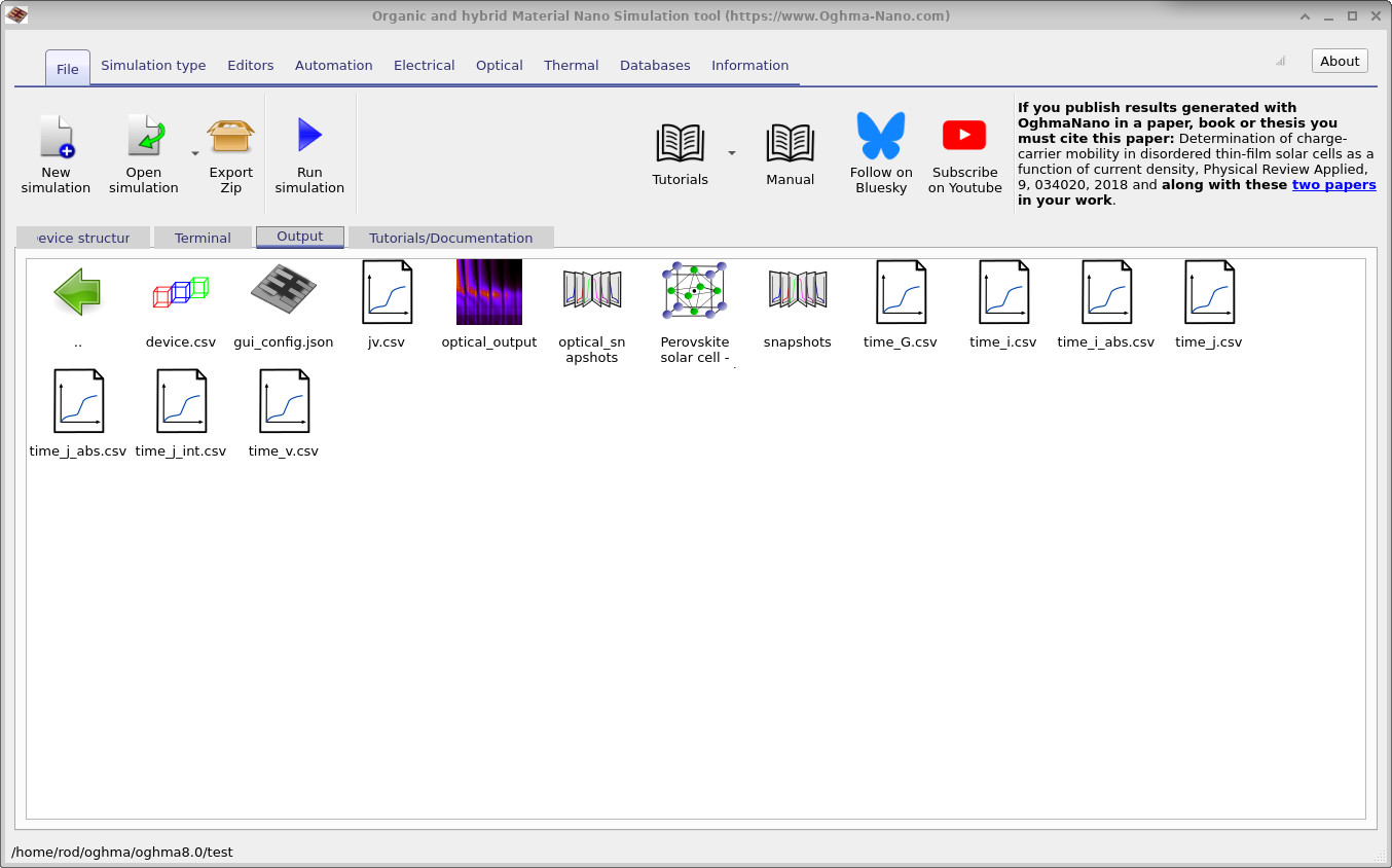 OghmaNano Output tab showing the working directory with CELIV result files such as jv.csv, time_j.csv, time_v.csv, and optical output.
