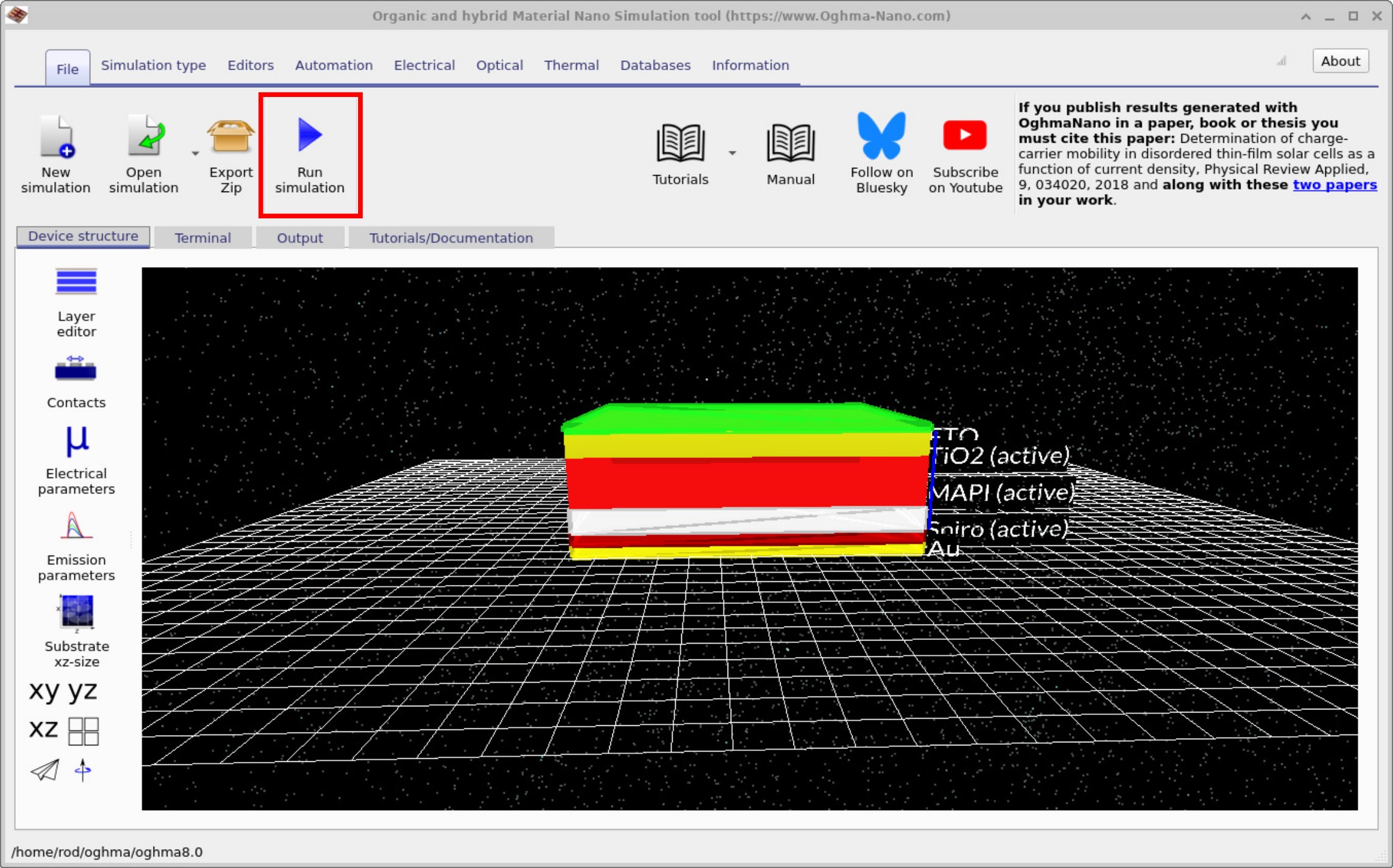 Main OghmaNano simulation interface showing the Run Simulation button and a 3D perovskite solar cell stack with layers labelled FTO, TiO₂, MAPbI₃, Spiro, and Au.