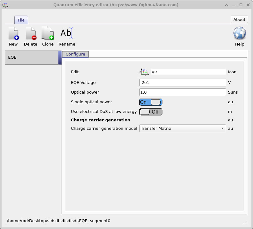 Quantum efficiency editor showing EQEVoltage parameter and charge carrier generation model options