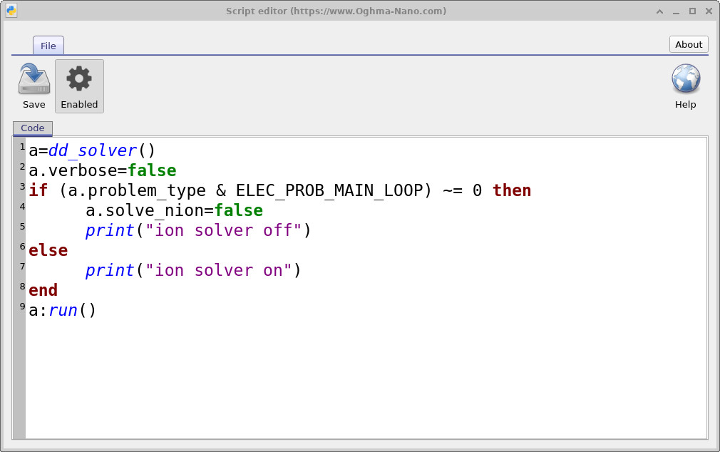 Lua microcode editor showing logic to keep ions on during the ramp and off during the main EQE loop