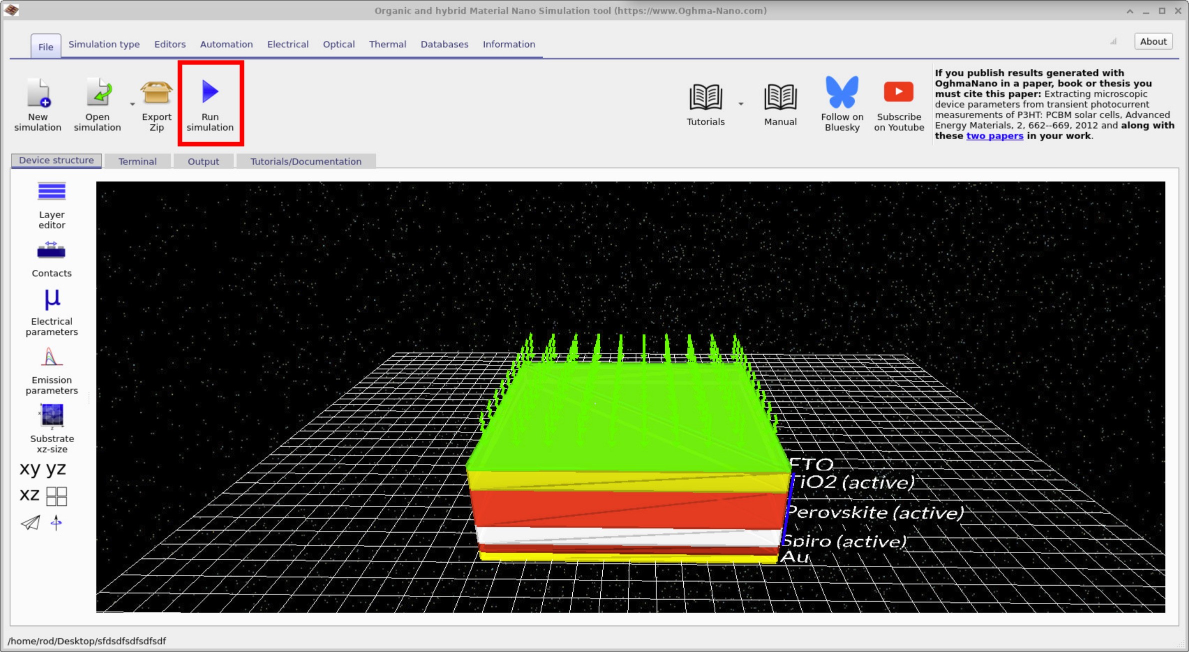 Main simulation window showing EQE mode and the Run simulation button highlighted