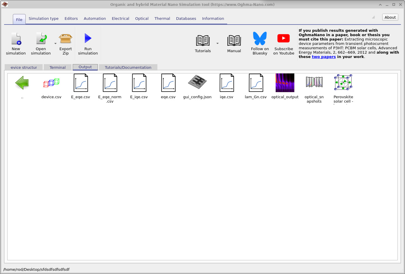 OghmaNano Output tab showing EQE-related output files such as E_eqe.csv and E_iqe.csv