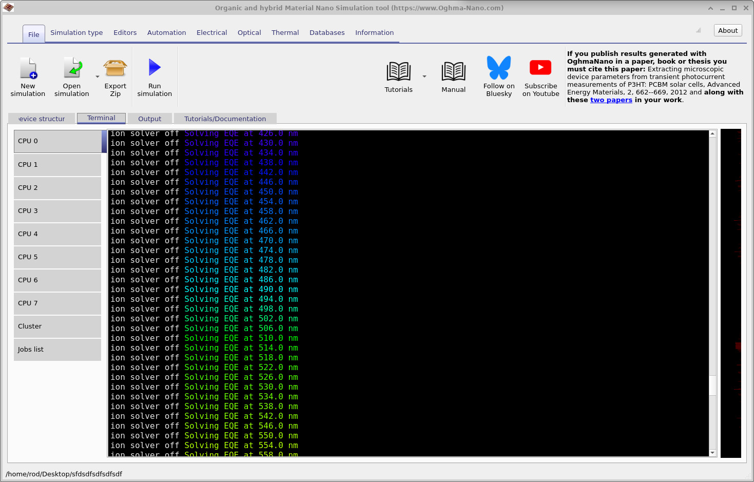 Terminal output showing the EQE solver calculating EQE at the target reverse bias using optical results
