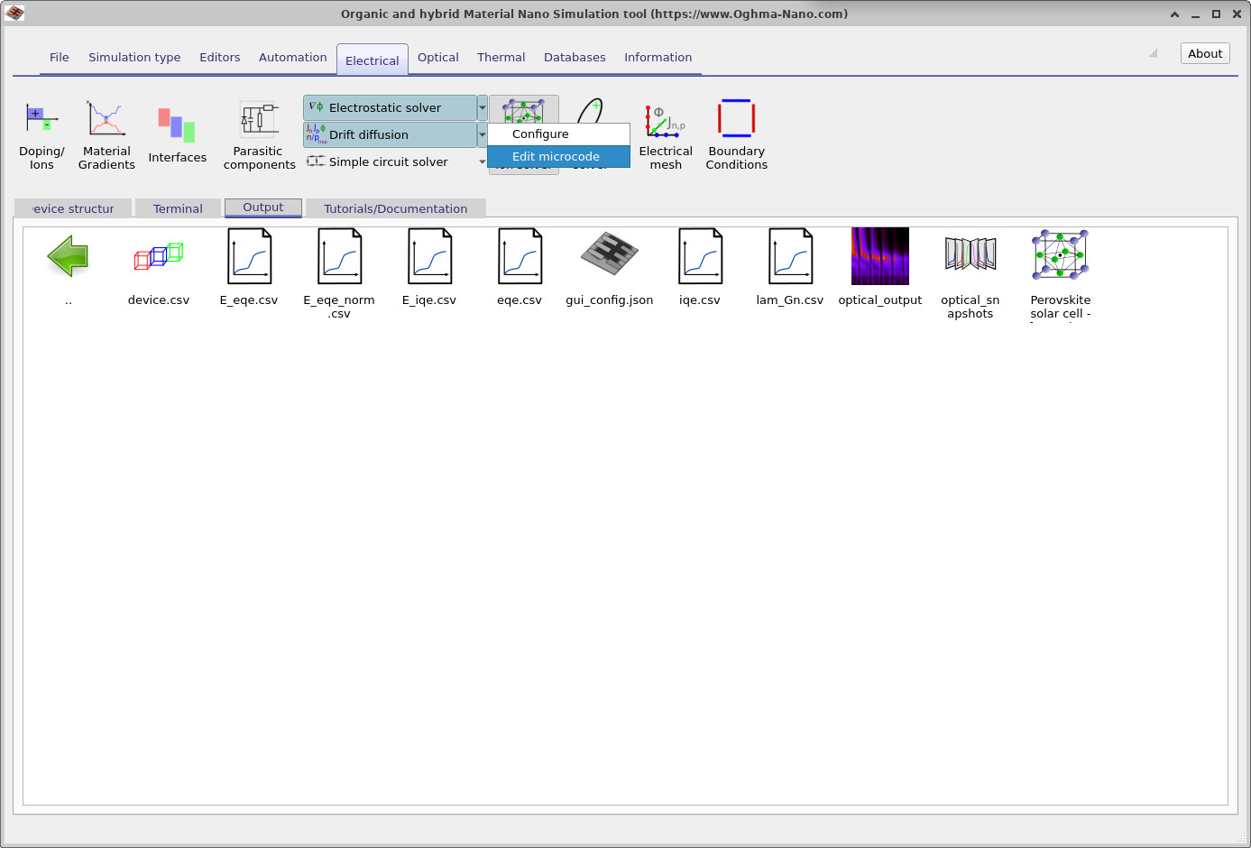 Electrical tab with Drift diffusion menu open; select Edit microcode to modify solver behavior