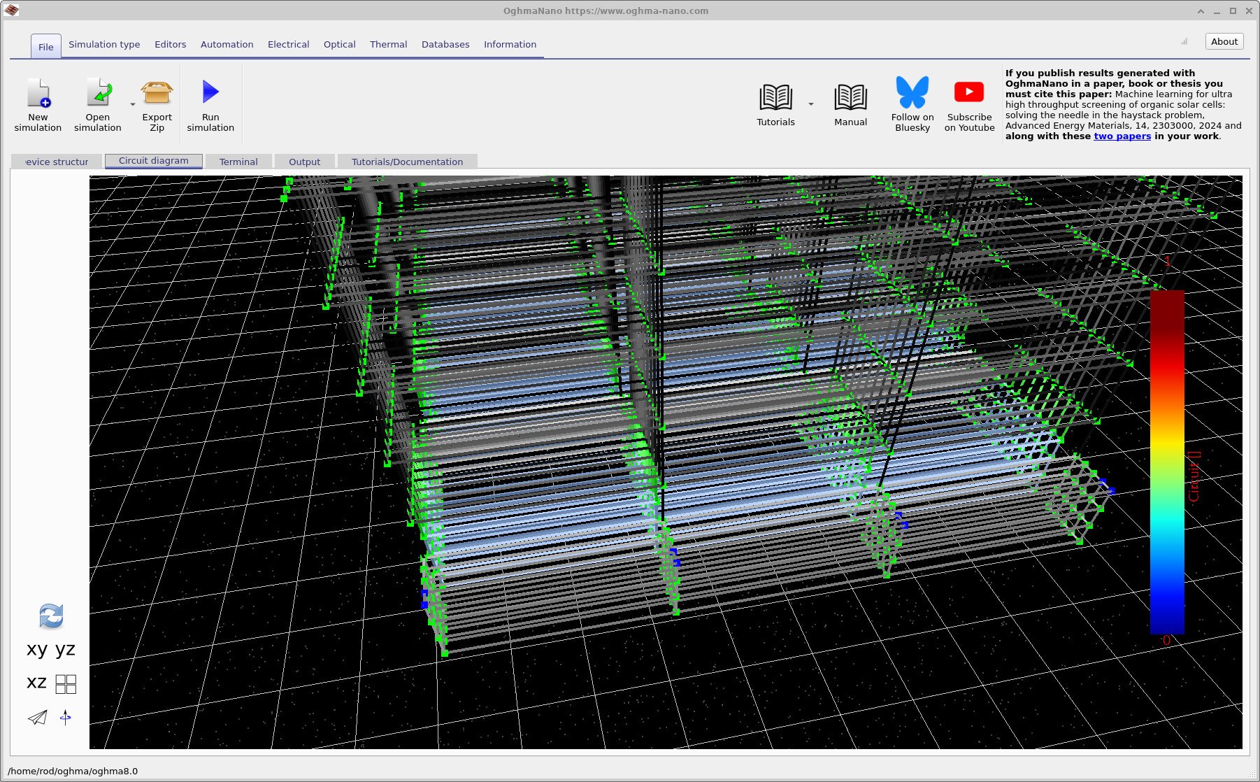Closer view of the circuit mesh showing dense connectivity and visible blue nodes indicating contact points.