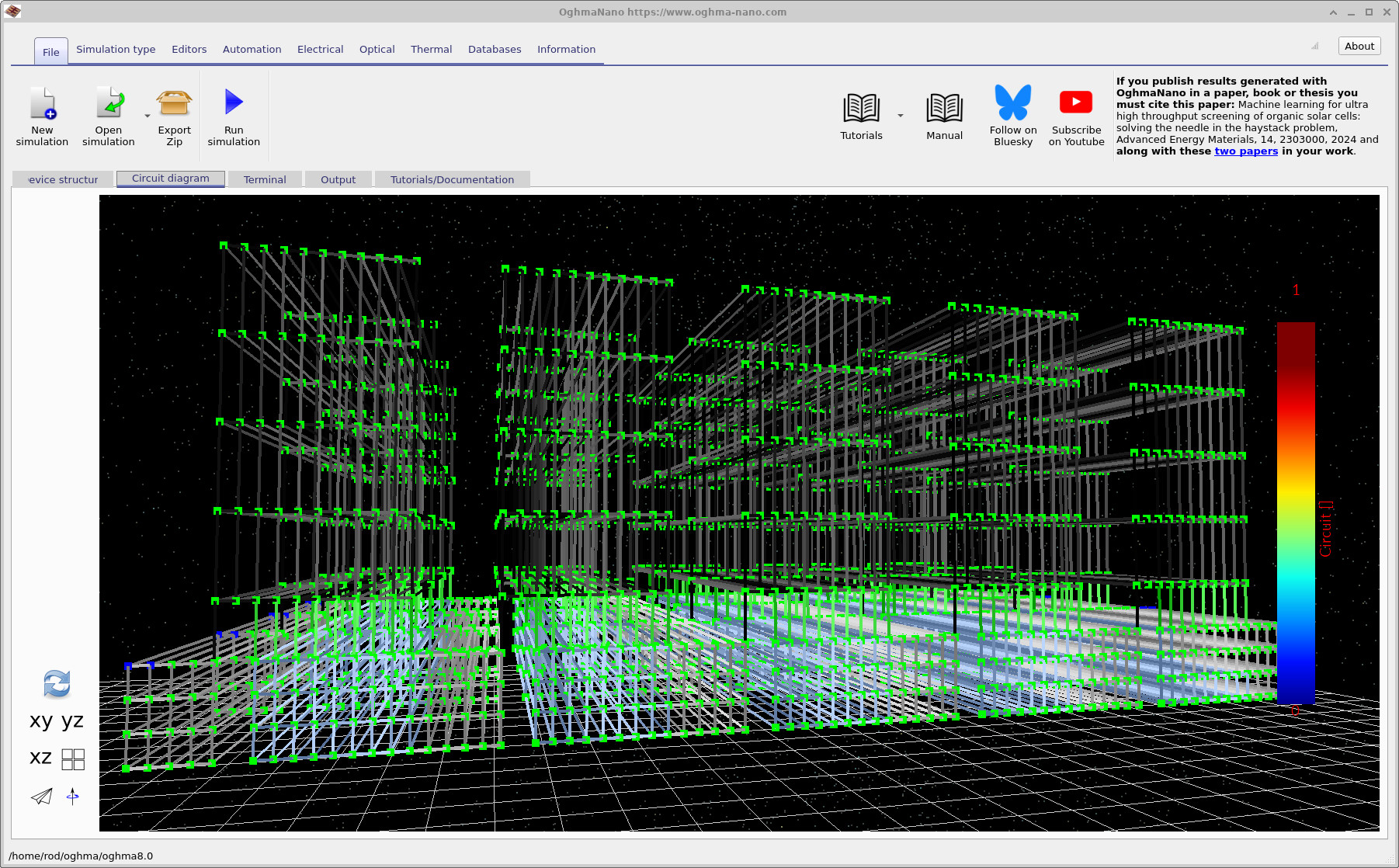 Alternative rotated view of the circuit mesh highlighting the multi-finger geometry and connection path.