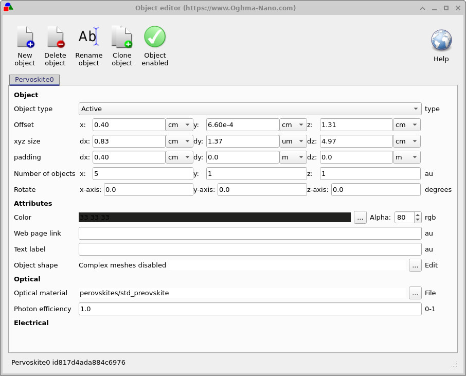 Object editor window showing an Active object, offsets, xyz sizes, number of objects, and optical material selection.