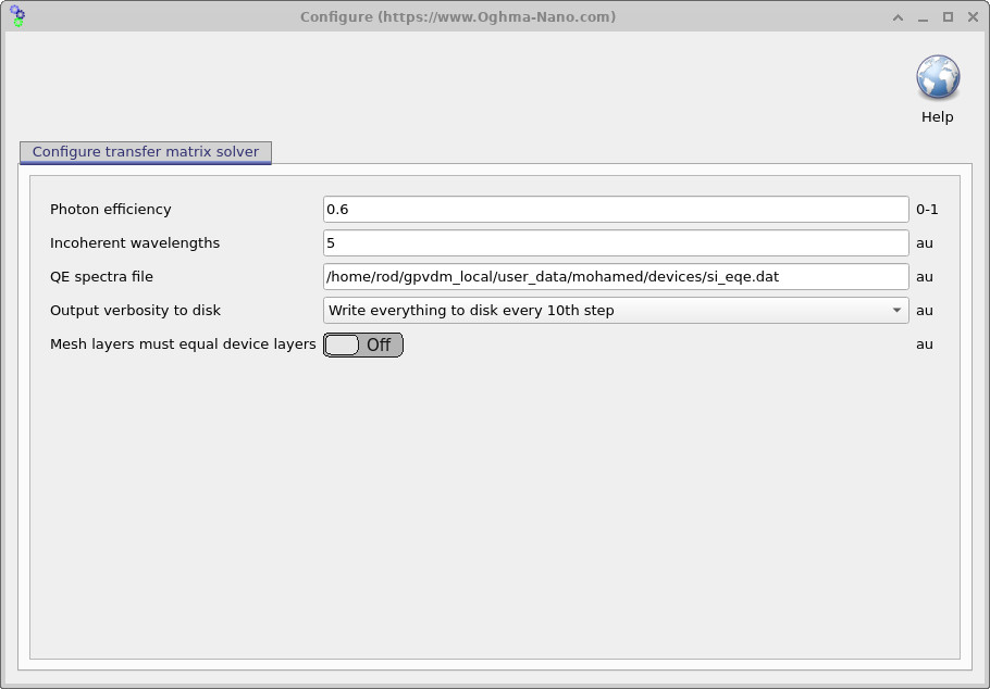 OghmaNano Transfer Matrix configuration panel showing photon efficiency set to 0.6 and other solver settings.
